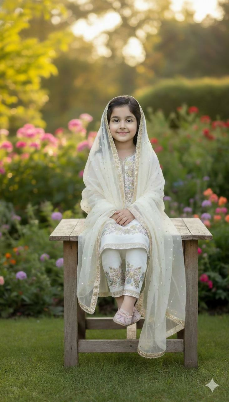 Teeya Creation Trendy Stylish Kids Wear Heavy Embroidery Sequence Work Kurta Set -White | Grocsy