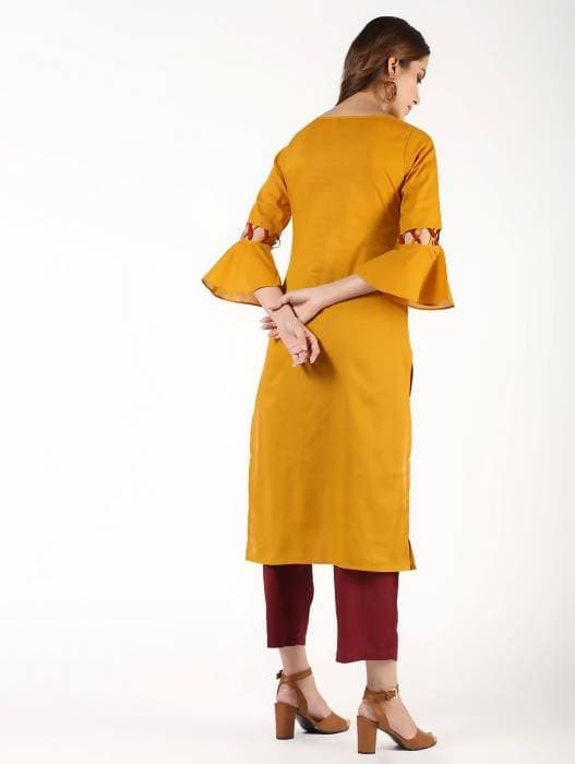 Aniyah Cotton Criss Cross Bell Sleeves Straight Mustard Color Kurta (AN-146K) | Grocsy
