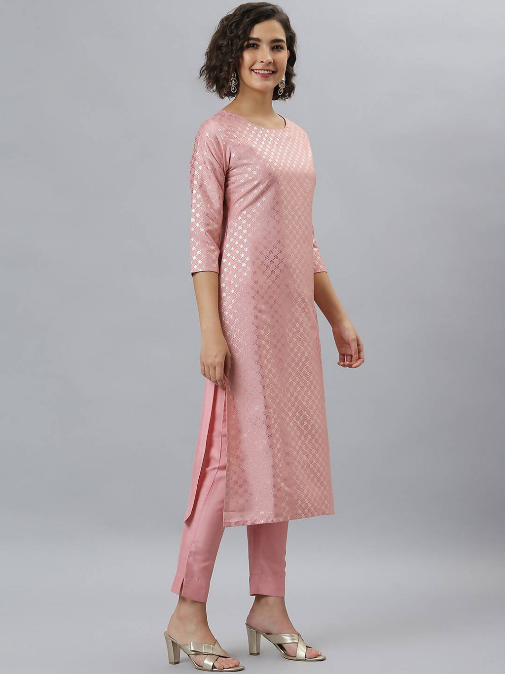 Janasya Women Mauve Woven Design Kurta with Trousers | Grocsy