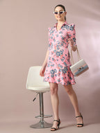 Myshka Women's Pink Printed Shirt Collar Fit and Flare Party Dress | Grocsy