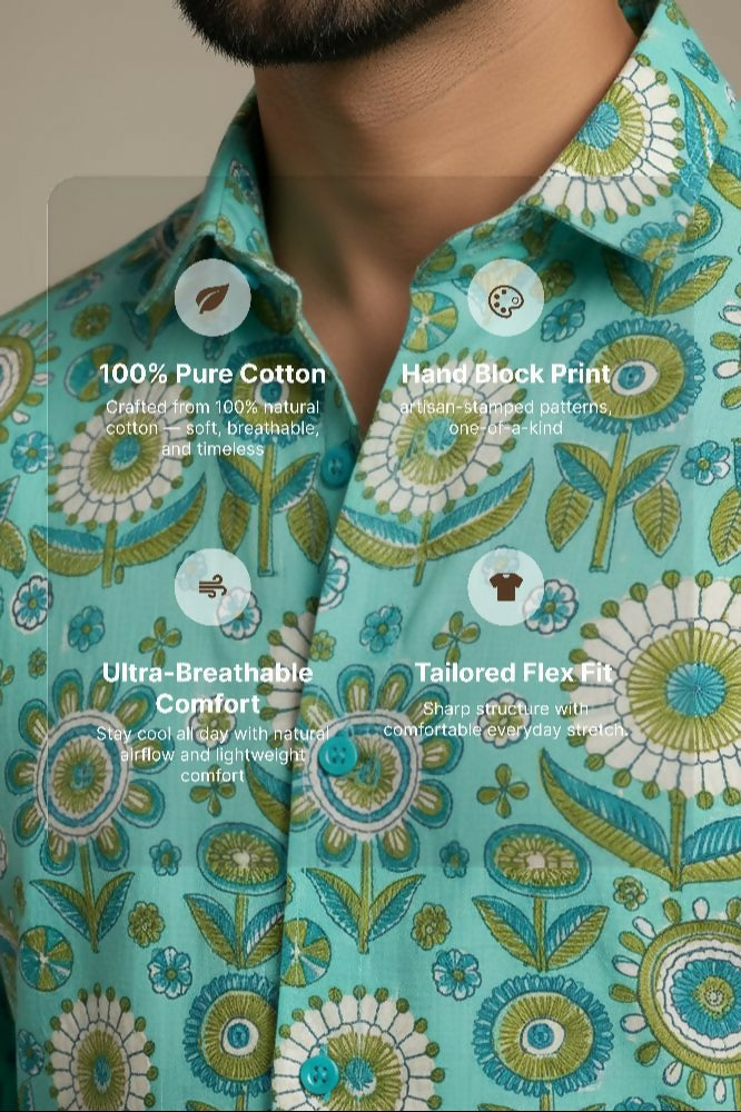 Turiya — Teal Ajrakh Cotton Shirt by Hilo Design | Grocsy