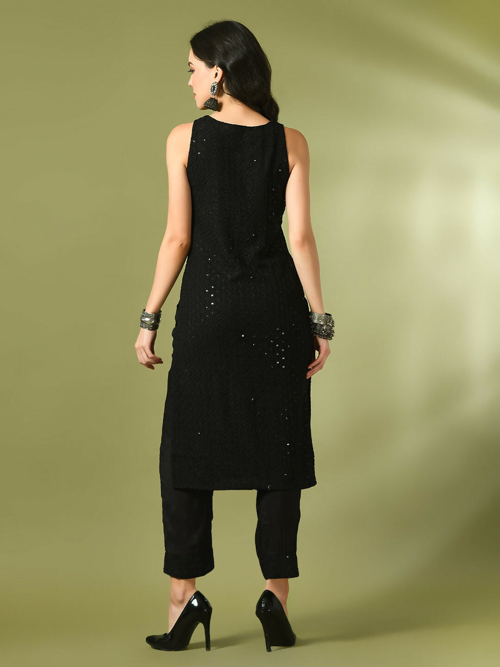 Myshka Women's Black Embroidered Cotton Straight Party Kurta Set | Grocsy
