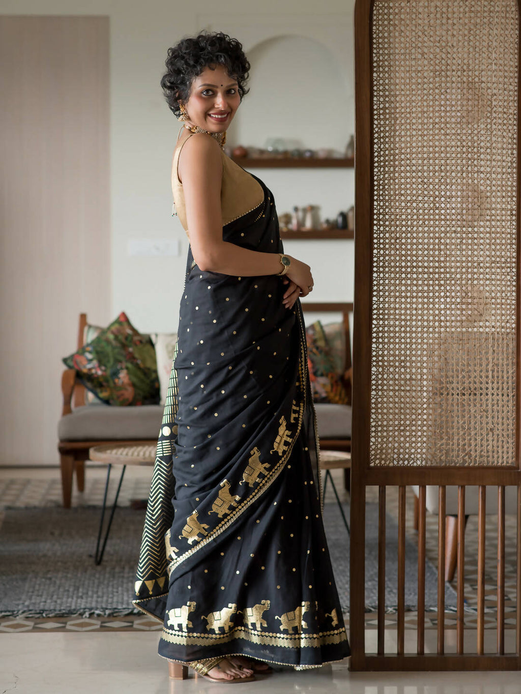Suta Black Ethnic Motifs Cotton Blend Saree | Grocsy