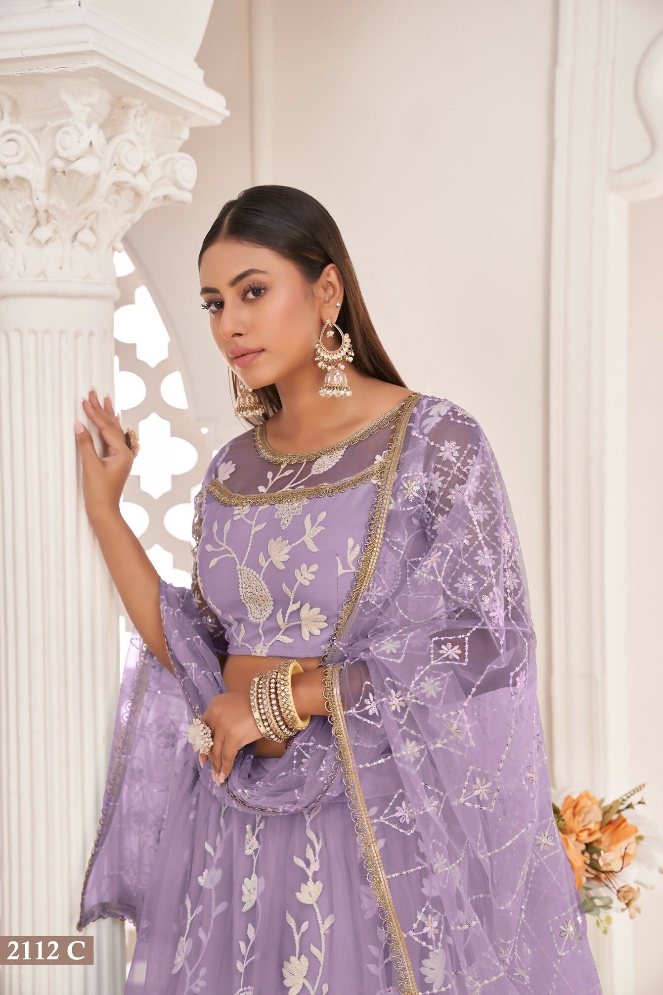 Eilara Women'S Light Purple Butterfly Net White Cotton Thread And Zari Sequence Embroidered Work Lehenga Choli For Party Wear | Grocsy