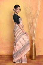 Very Much Indian Handblock Printed Cotton Saree With Natural Dyes - Peach | Grocsy