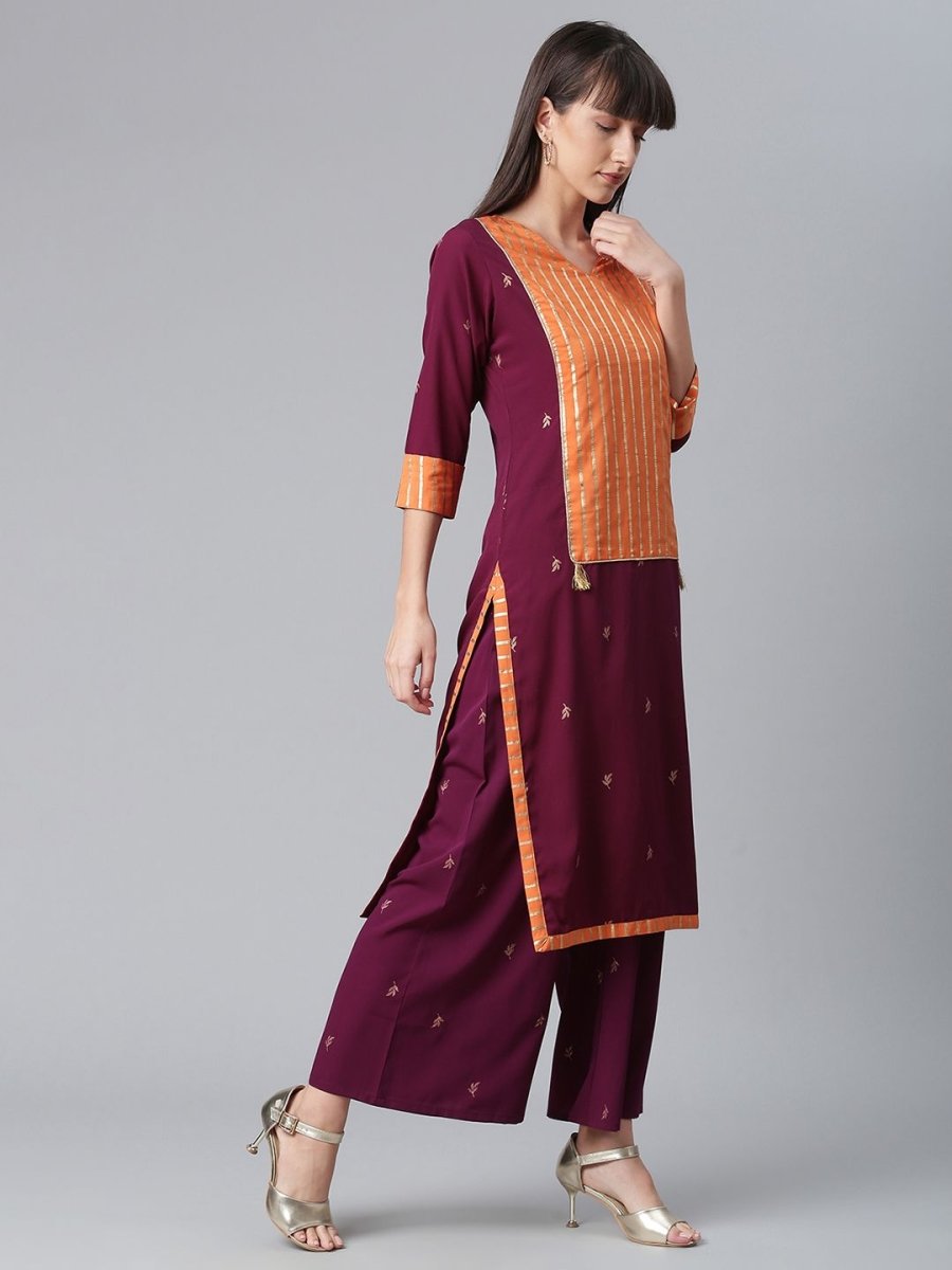 Ahalyaa Wine Crepe Solid Kurta Palazzo Set With Printed Dupatta | Grocsy