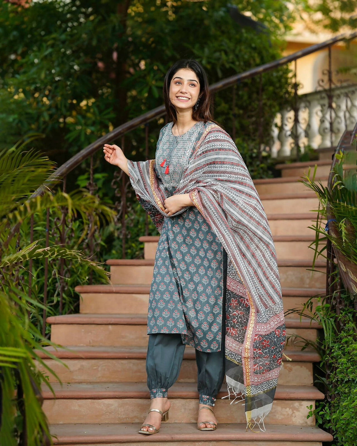 Juniper Women's Grey Cotton Printed Straight Kurta Pant Dupatta Set | Grocsy