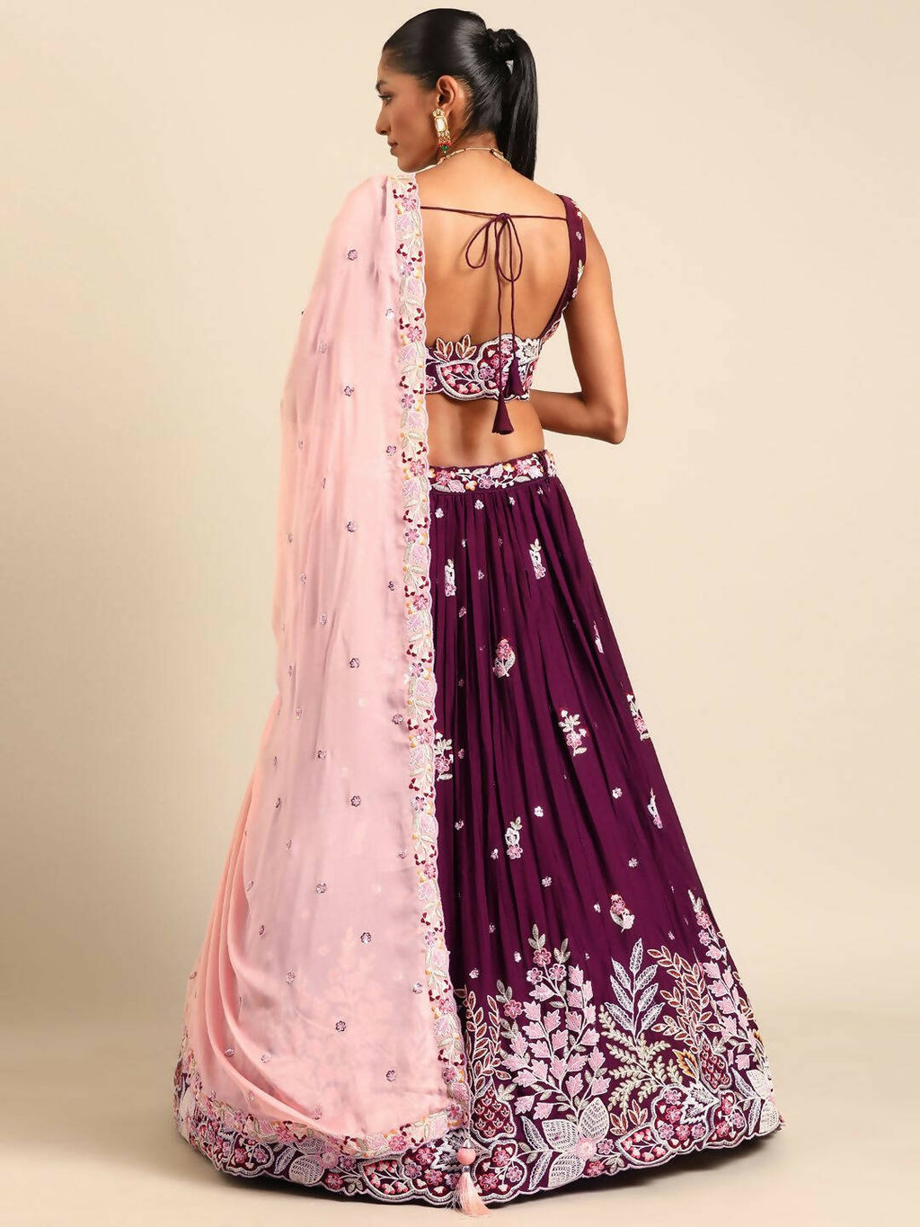 House of Panchhi Burgundy Georgette Sequins and thread embroidery Lehenga choli & Dupatta | Grocsy