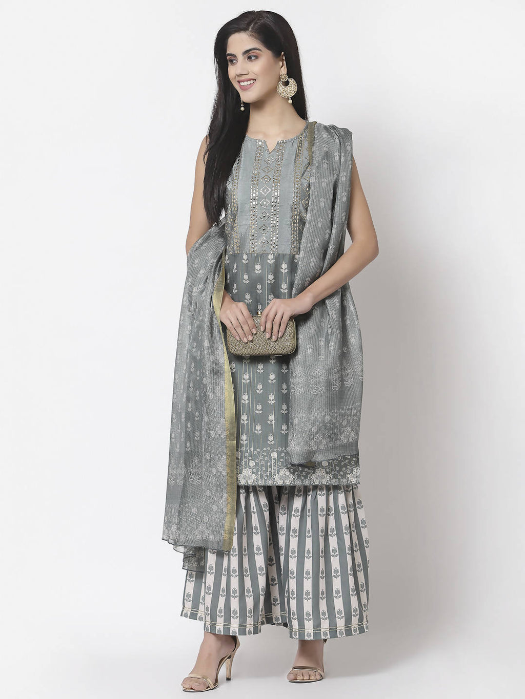 Myshka Women Grey Cotton Blend Printed Sleeveless Round Neck Kurta With Sharara & Dupatta Set | Grocsy