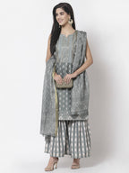 Myshka Women Grey Cotton Blend Printed Sleeveless Round Neck Kurta With Sharara & Dupatta Set | Grocsy