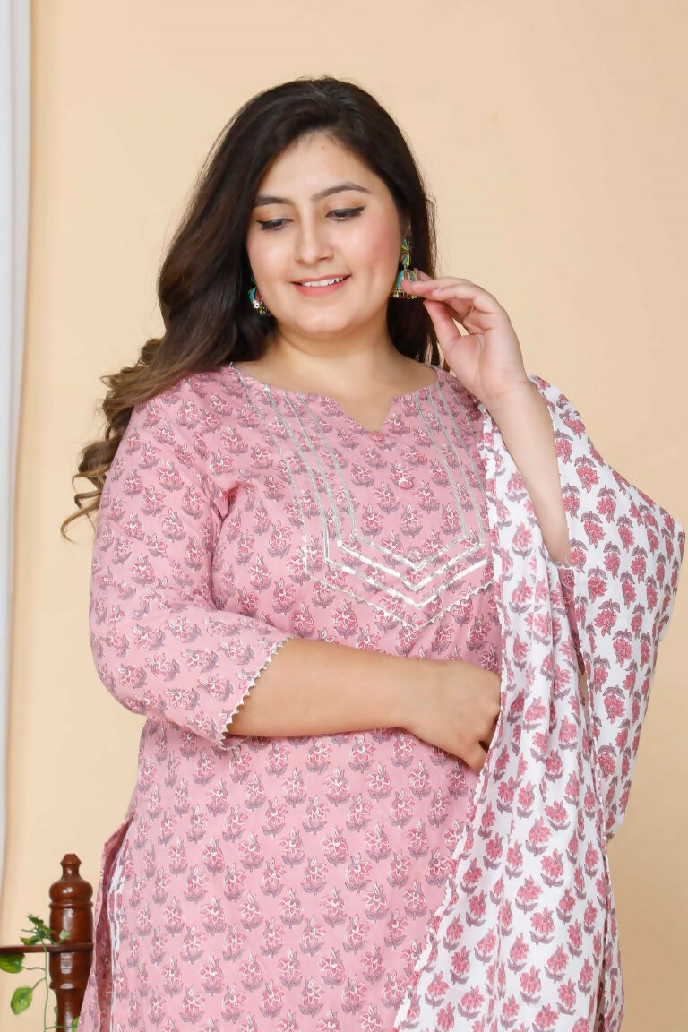 Miravan Women's Plus Size Pink Floral Printed Gotta Patti Pure Cotton Kurta With Palazzo & Dupatta Set | Grocsy