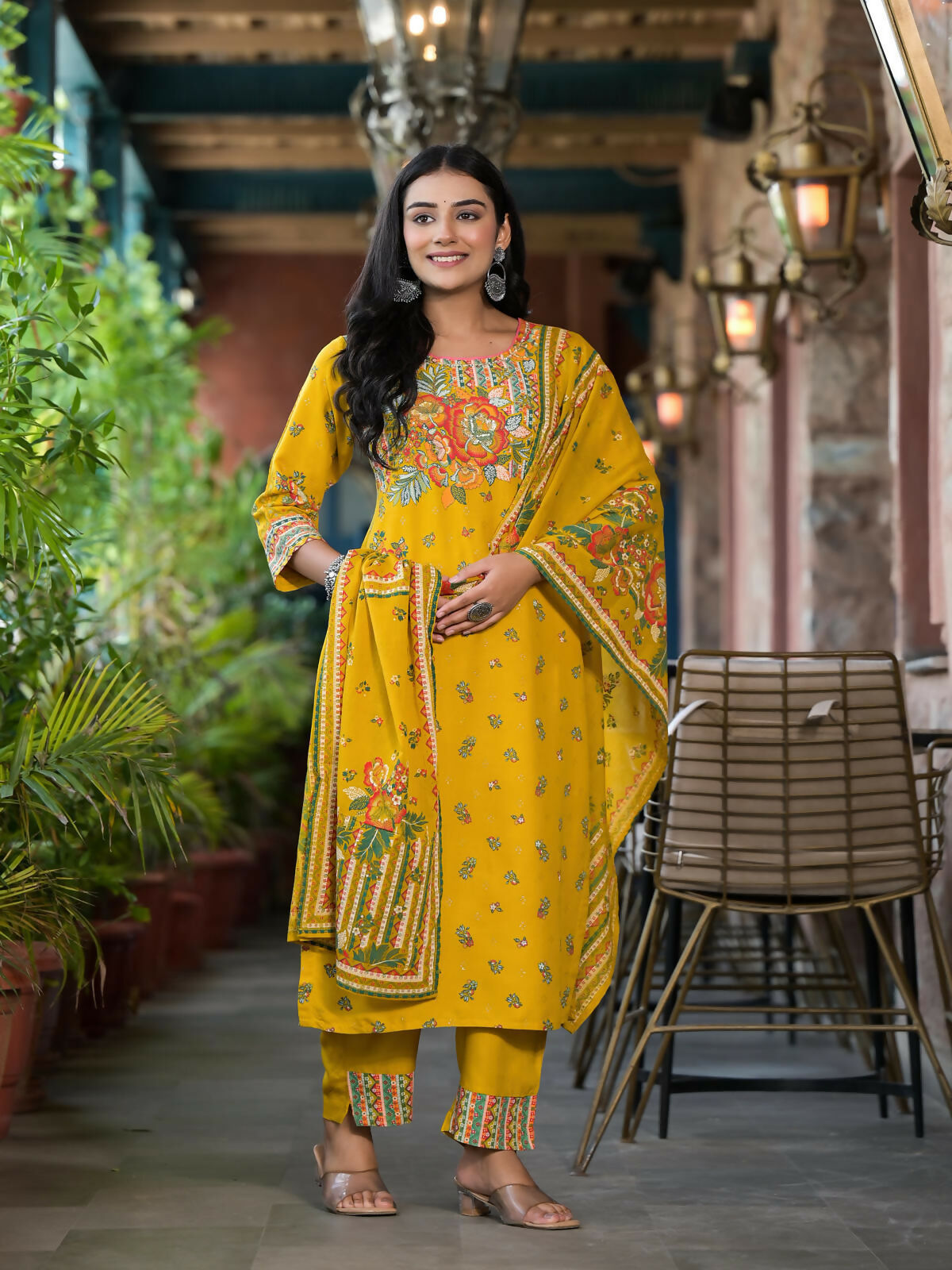 Juniper Women's Mustard Floral Printed Liva Rayon Kurta Pant And Dupatta Set With Sequins | Grocsy