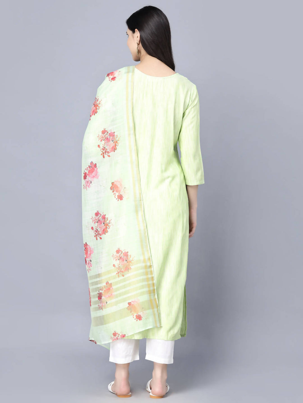 Myshka Women Lime Green Floral Printed Panelled Pure Cotton Kurti with Trousers With Dupatta | Grocsy