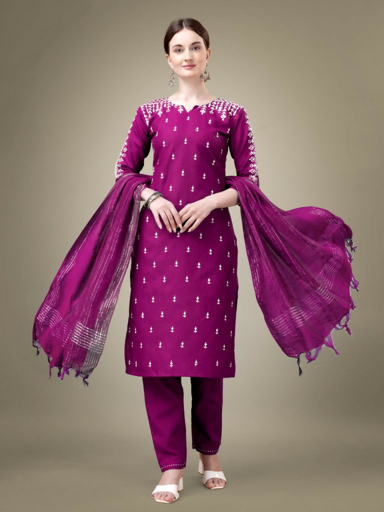 Jyoti Fashion Women's Purple Cotton Blend Embroidery & Sequence work Kurta with Trouser & Dupatta | Grocsy