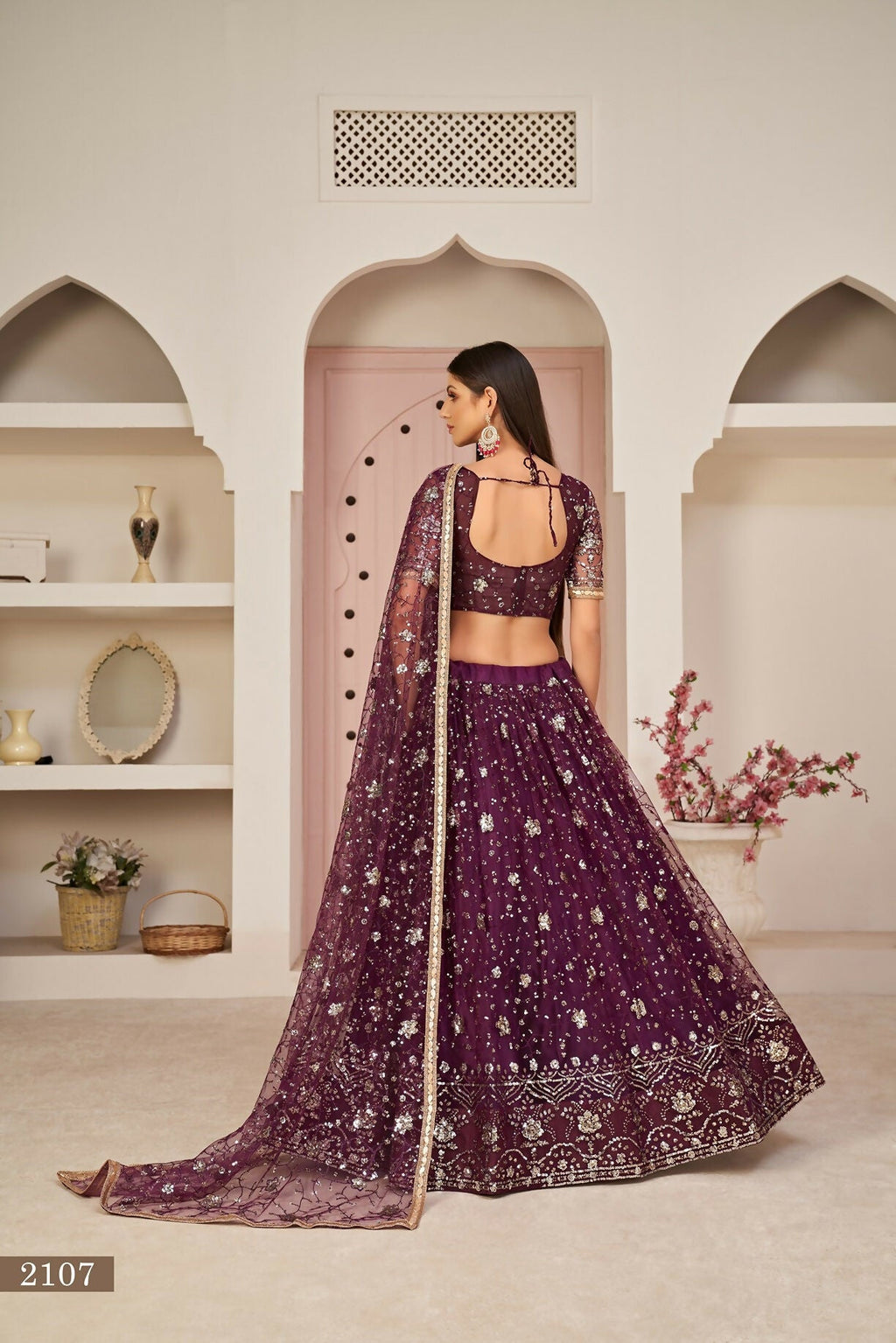 Eilara Women'S Wine Butterfly Net Thread With Zari Sandwich Sequence Embroidered Work Lehenga Choli For Festivals | Grocsy