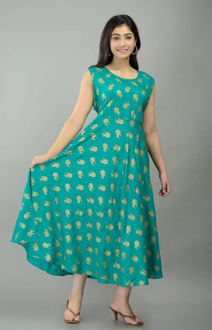 Vamika Sky Blue Rayon Gold Printed Party Wear/Casual Wear Kurti | Grocsy