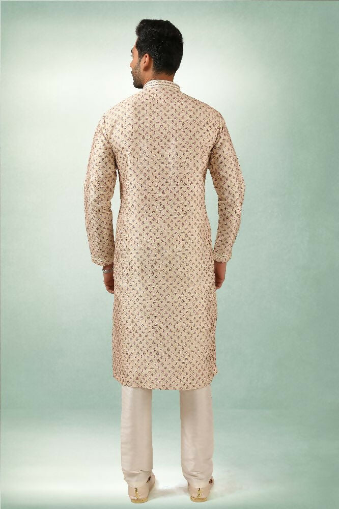 Raivat Ethnic Art Silk Printed Work Kurta Pajama In Cream Colour | Grocsy