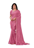 Pink Georgette Zari Jacquard Embroidered Border With Mirror Work Saree With Unstitched Blouse Piece - Norita Zaina | Grocsy