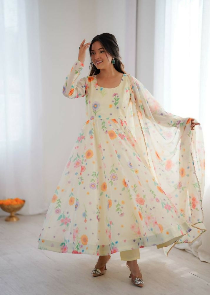Teeya Creation Off White Soft Organza Digital Printed Party Wear Long Gown | Grocsy