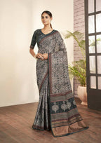 Grey Gajji Silk Paisley Print with Hand work Border Saree - Norita Nirvi | Grocsy