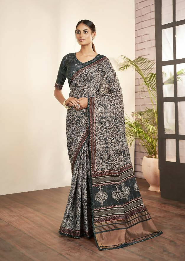 Grey Gajji Silk Paisley Print with Hand work Border Saree - Norita Nirvi | Grocsy