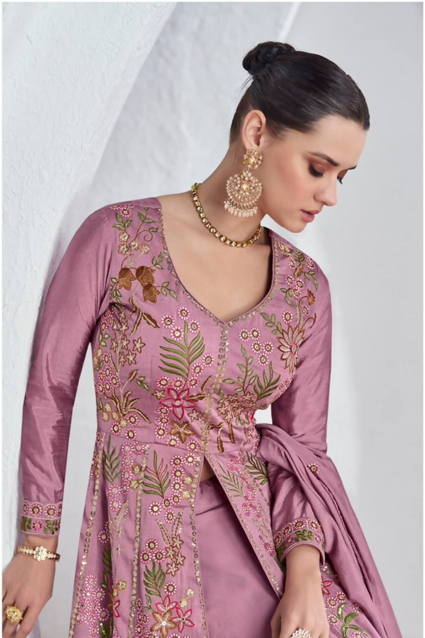 Lorenvalley Fashion Pink Viscose Silk Embroidery Work Gown Skirt Stitched | Grocsy