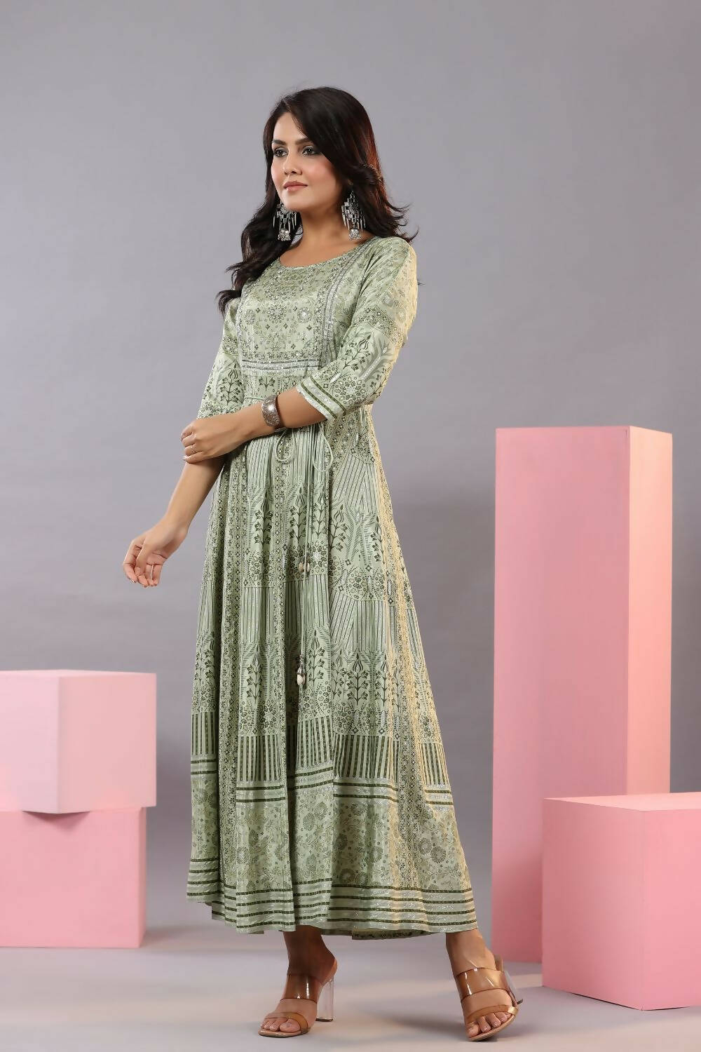Juniper Women Olive Green Shantoon Floral Printed Maxi Dress | Grocsy