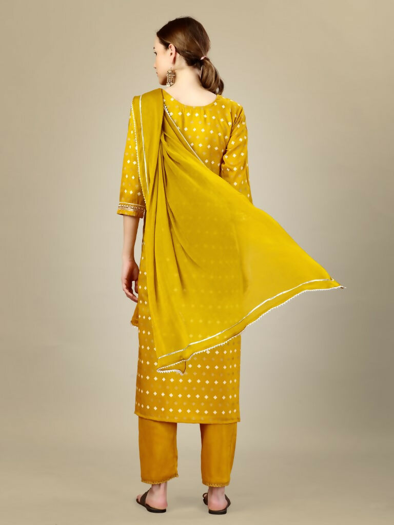 Jyoti Fashion Women's Golden Silk Blend Embroidery & Sequence work Kurta with Trouser & Dupatta | Grocsy