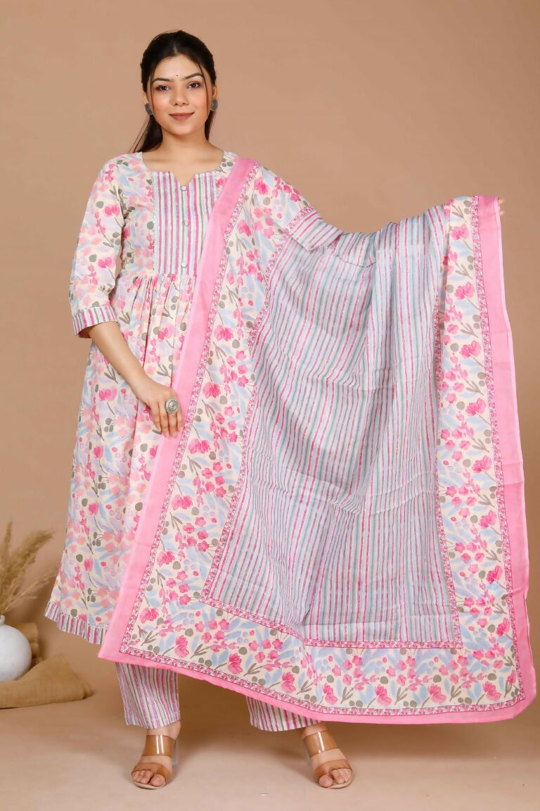 Miravan Women's Cotton Pink Floral Printed Straight Kurta Palazzo With Dupatta | Grocsy