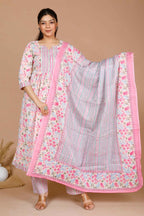 Miravan Women's Cotton Pink Floral Printed Straight Kurta Palazzo With Dupatta | Grocsy