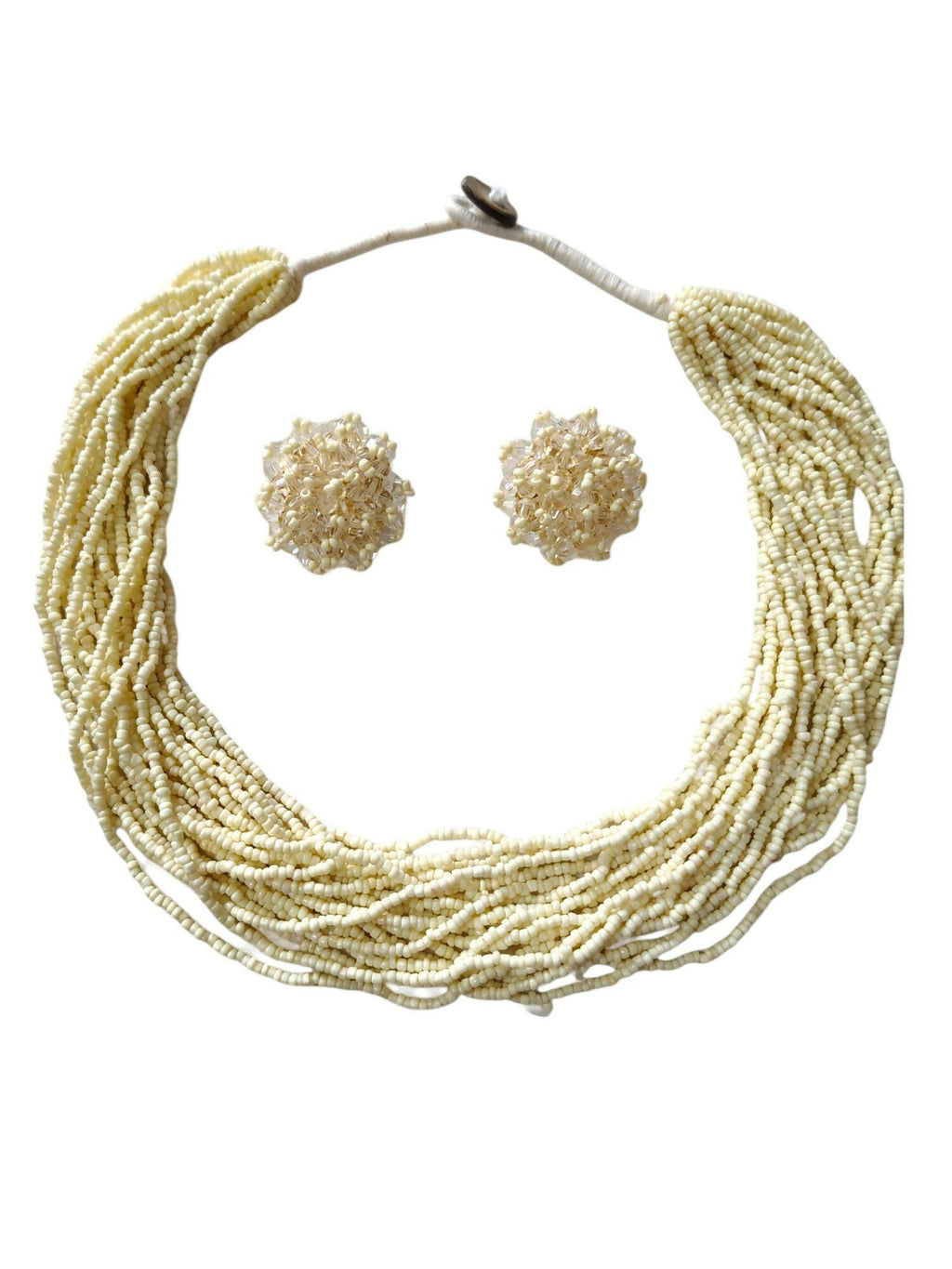 Inhanns Vibrant Handmade 20 Layers Beaded Necklace With Matching Earrings - Cream | Grocsy
