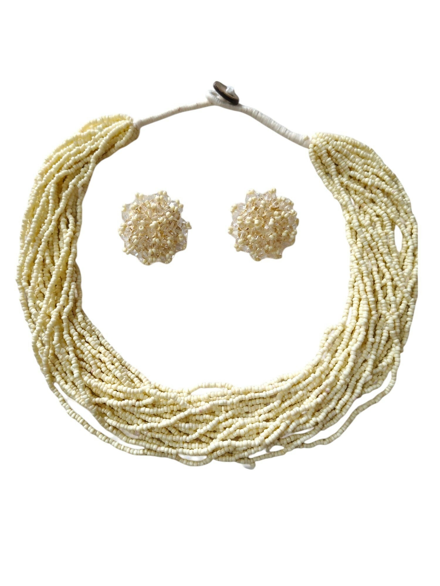 Inhanns Vibrant Handmade 20 Layers Beaded Necklace With Matching Earrings - Cream | Grocsy