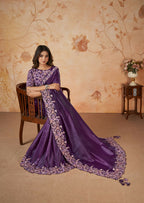 Purple Banarasi Crush Silk Thread, Sequence, Cord Embroidered with Stone & Moti Work Saree - Mohmanthan Dakshika | Grocsy