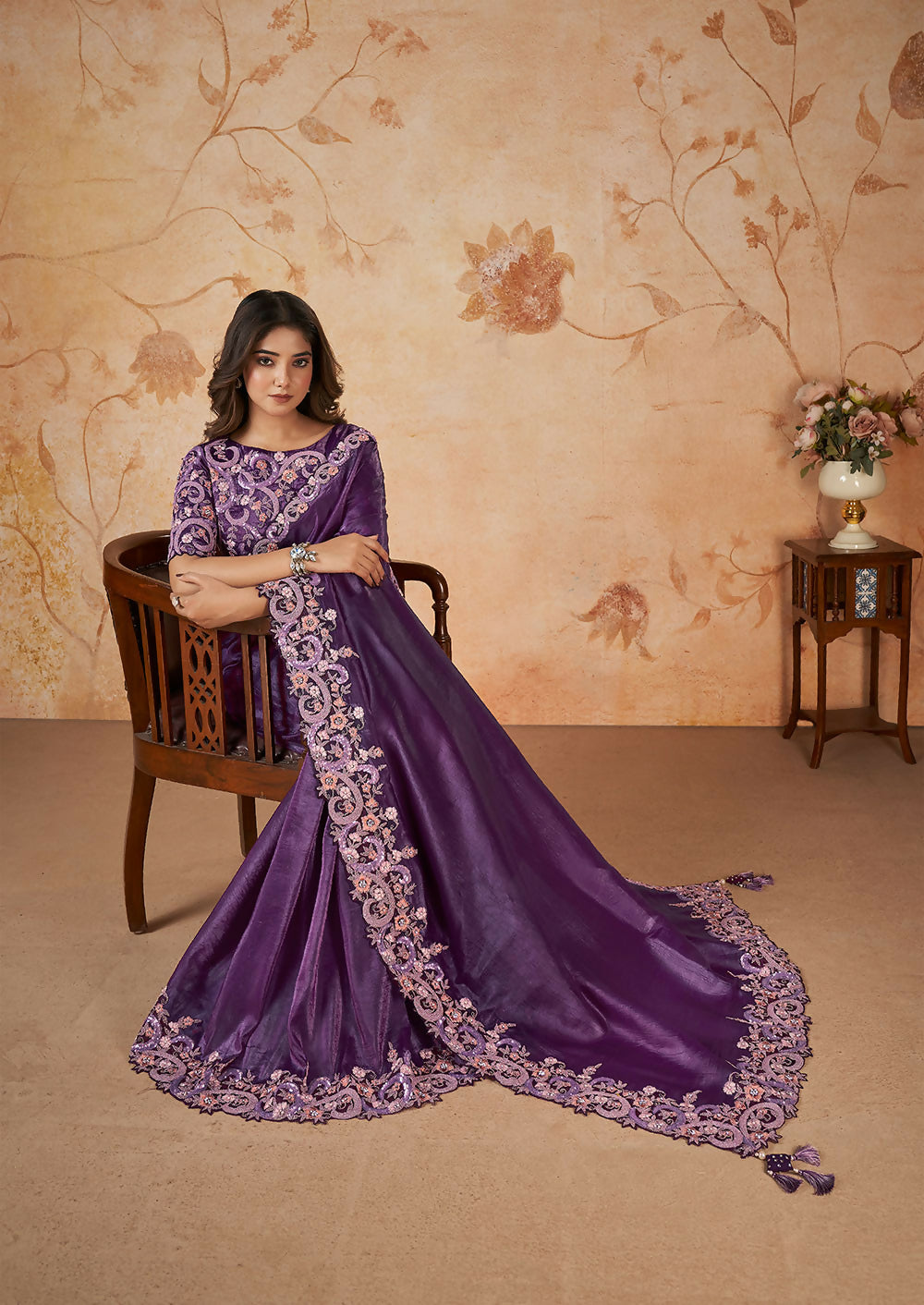 Purple Banarasi Crush Silk Thread, Sequence, Cord Embroidered with Stone & Moti Work Saree - Mohmanthan Dakshika | Grocsy