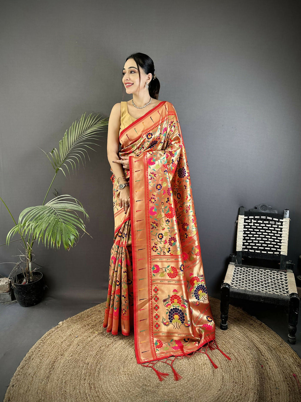 Joban Fashion Crimson Red Intricate Floral & Leaf Soft Silk Paithani Saree | Grocsy