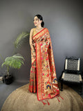 Joban Fashion Crimson Red Intricate Floral & Leaf Soft Silk Paithani Saree | Grocsy