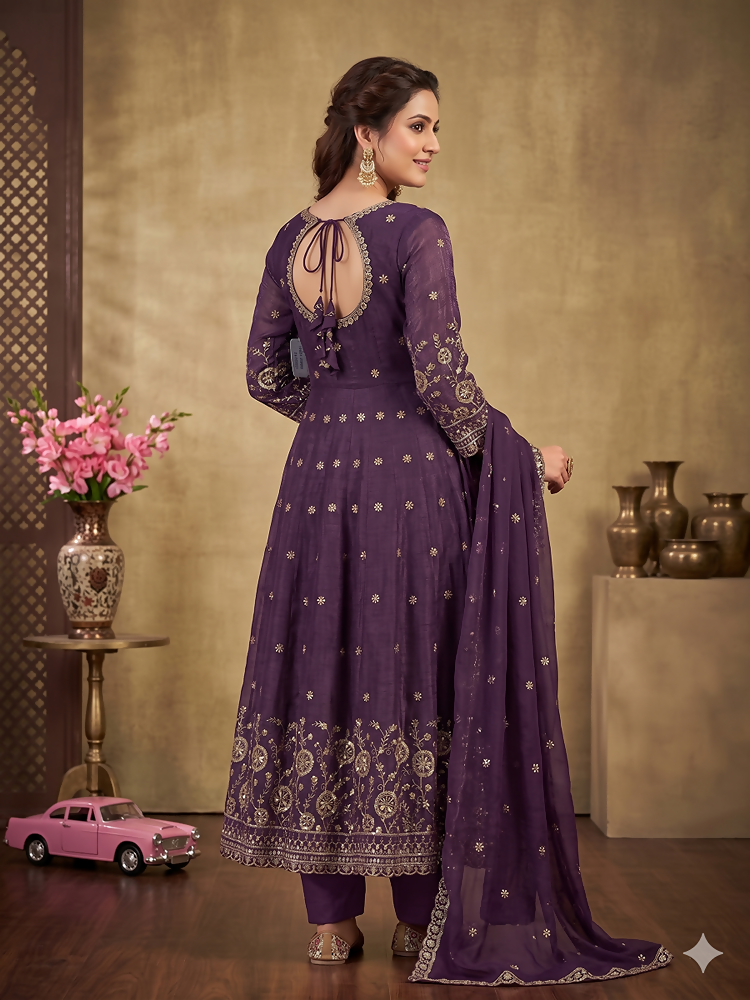 Teeya Creation New Stylish Trendy Elegant Purple Embroidered Anarkali Suit with Dupatta | Grocsy
