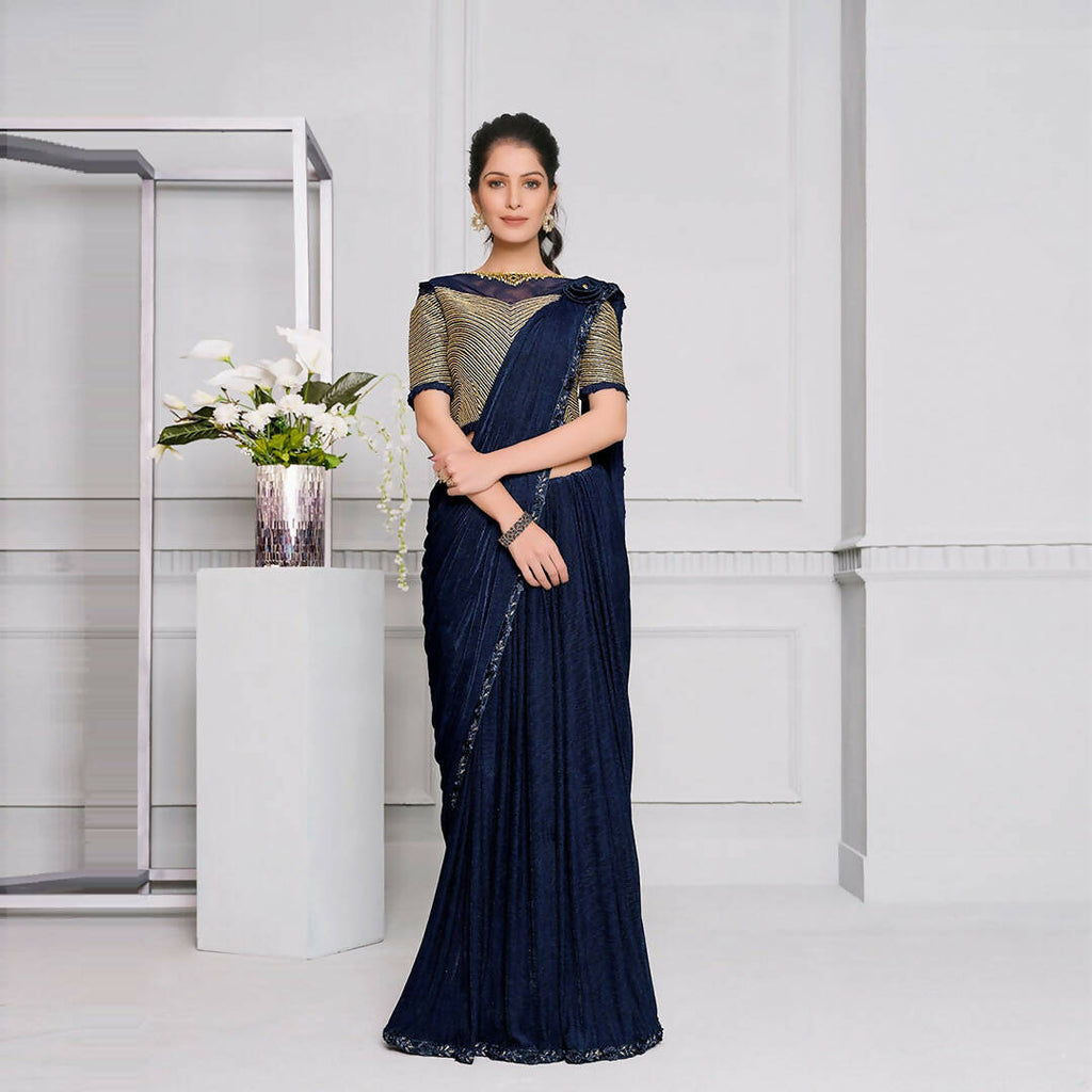 Navy Blue Lycra Cord And Sequins Embriodery Saree - Mohmanthan Izzara | Grocsy