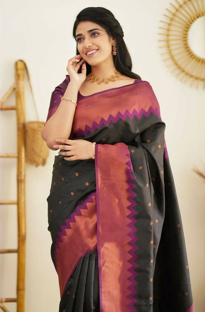 DEIANA'S Beautiful Designer Golden zari Soft Lichi Silk Saree - Black | Grocsy