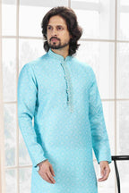 Raivat Ethnic Cotton Thread Work Kurta Pajama In Sky Blue Colour | Grocsy