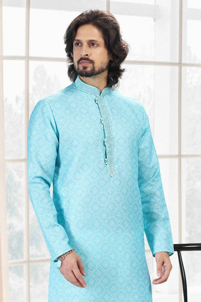 Raivat Ethnic Cotton Thread Work Kurta Pajama In Sky Blue Colour | Grocsy