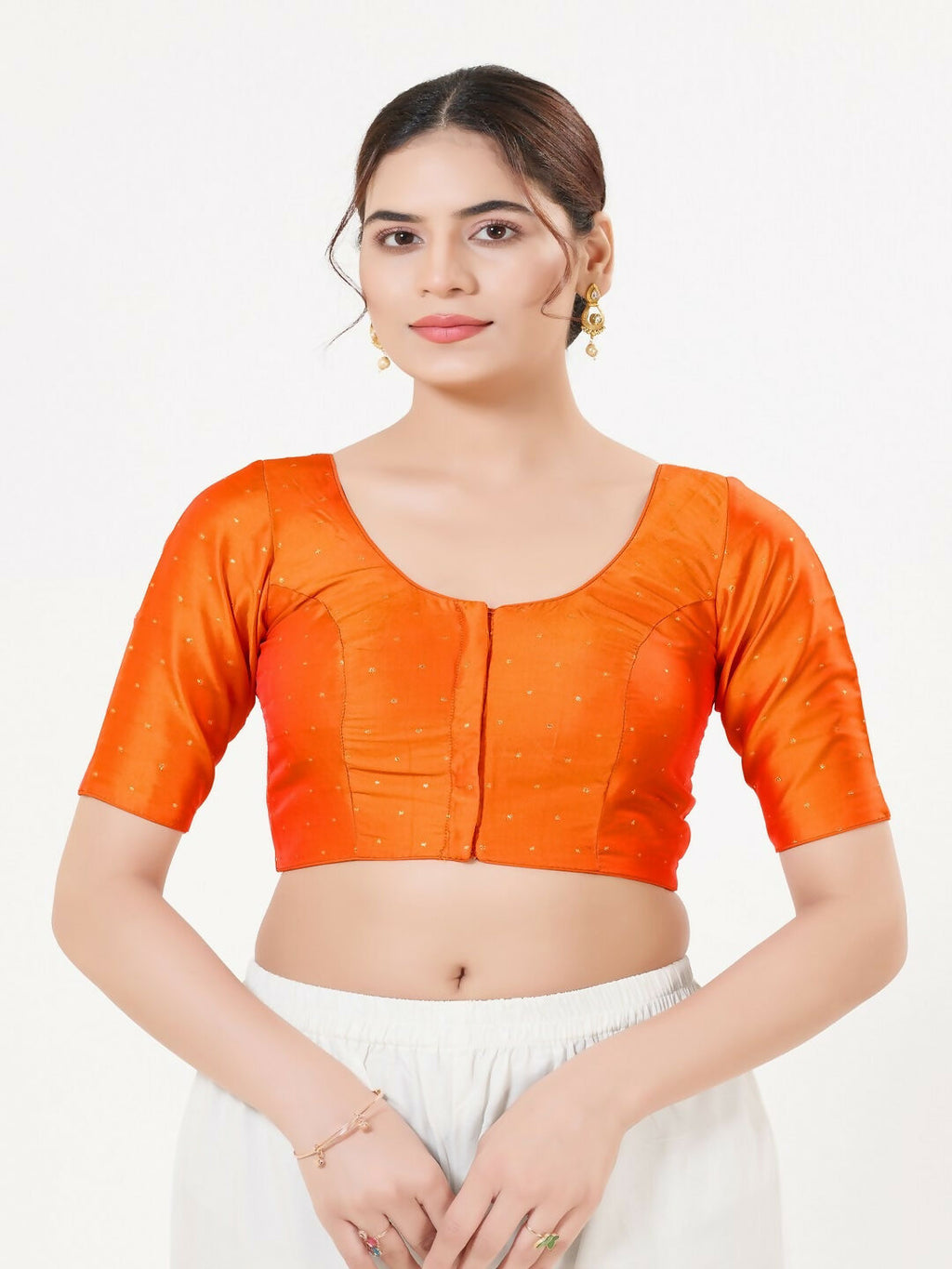 Joban Fashion Orange Taffeta Silk Elbow Sleeveless Front Open Blouse | Grocsy