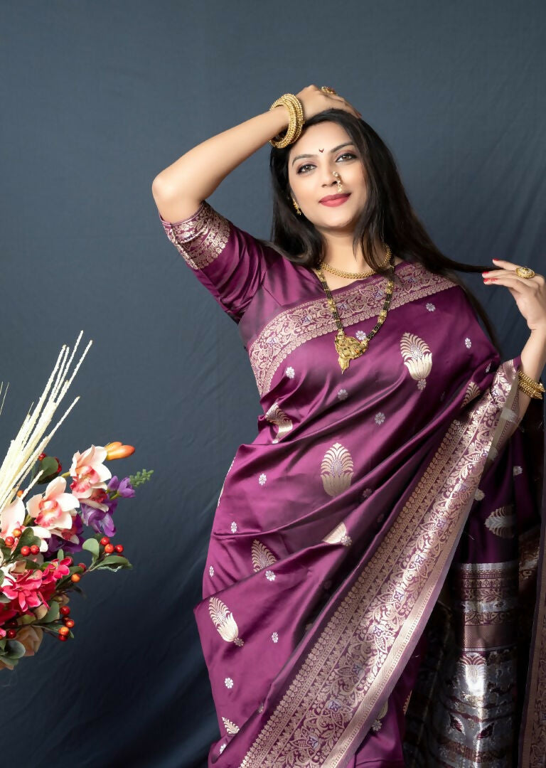 Jyoti Fashion Women's Wine Paithani Silk Zari Woven Saree with Blouse | Grocsy