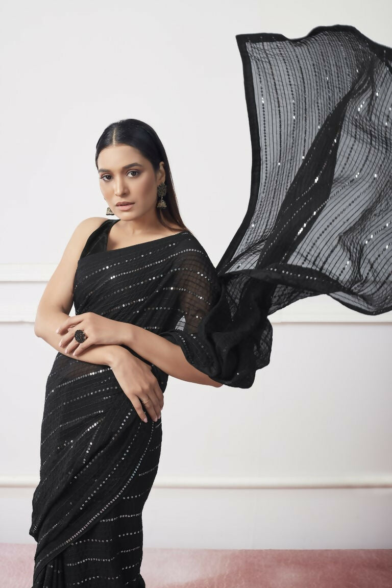 Black Georgette Sequance,Thread Embroidery Work Saree with Unstitched Blouse - Vandini | Grocsy