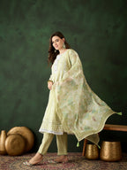 Green Crystal Organza schiffli embroidery Kurta With Trouser & Dupatta - Bhumi | Grocsy