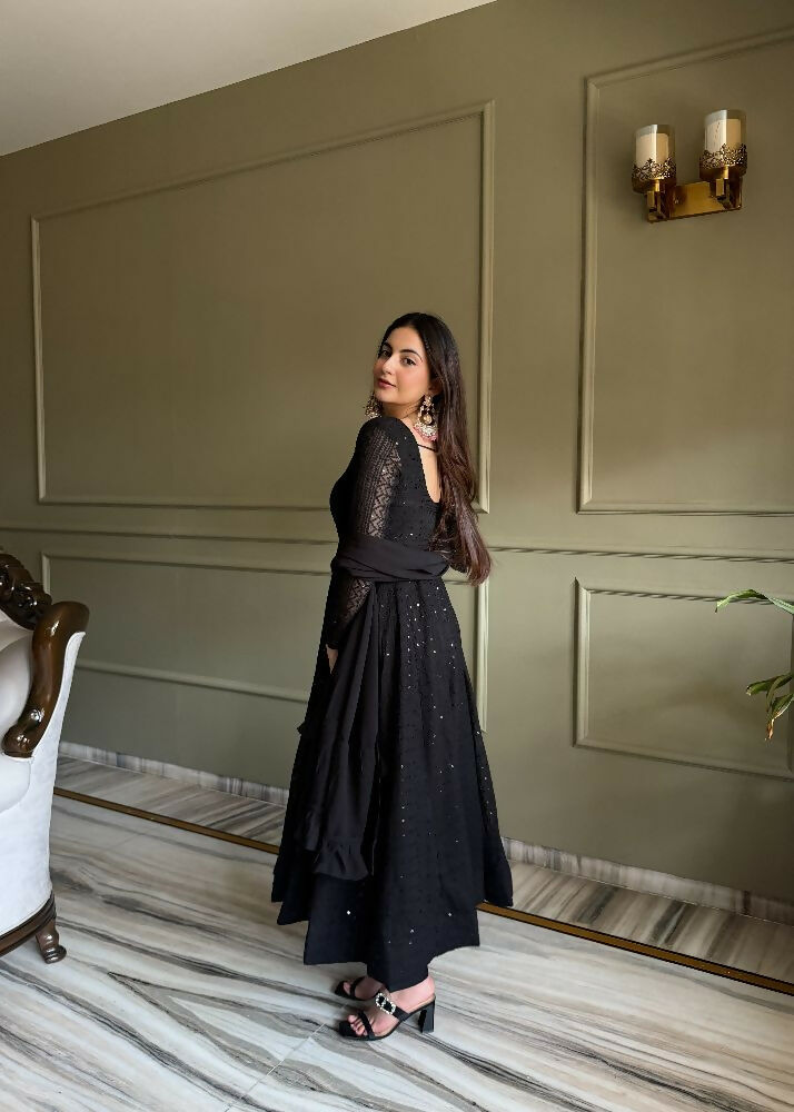 Teeya Creation Black Color Faux Georgette Heavy Embroidery Work Functional Wear Gown | Grocsy