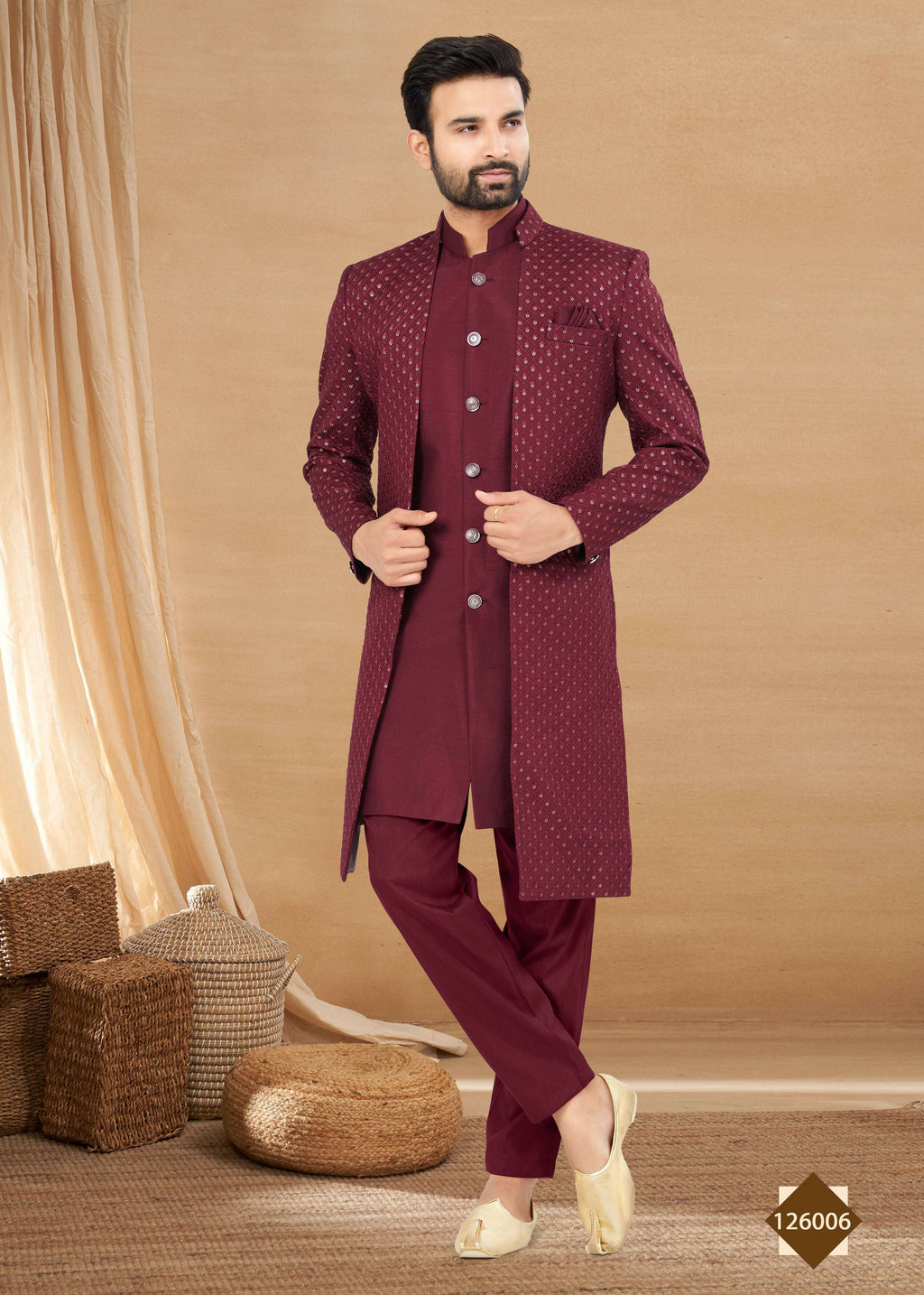 Joban Fashion Men's Maroon Heavy Art Silk Plain Indowestern | Grocsy