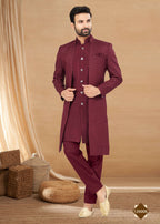Joban Fashion Men's Maroon Heavy Art Silk Plain Indowestern | Grocsy