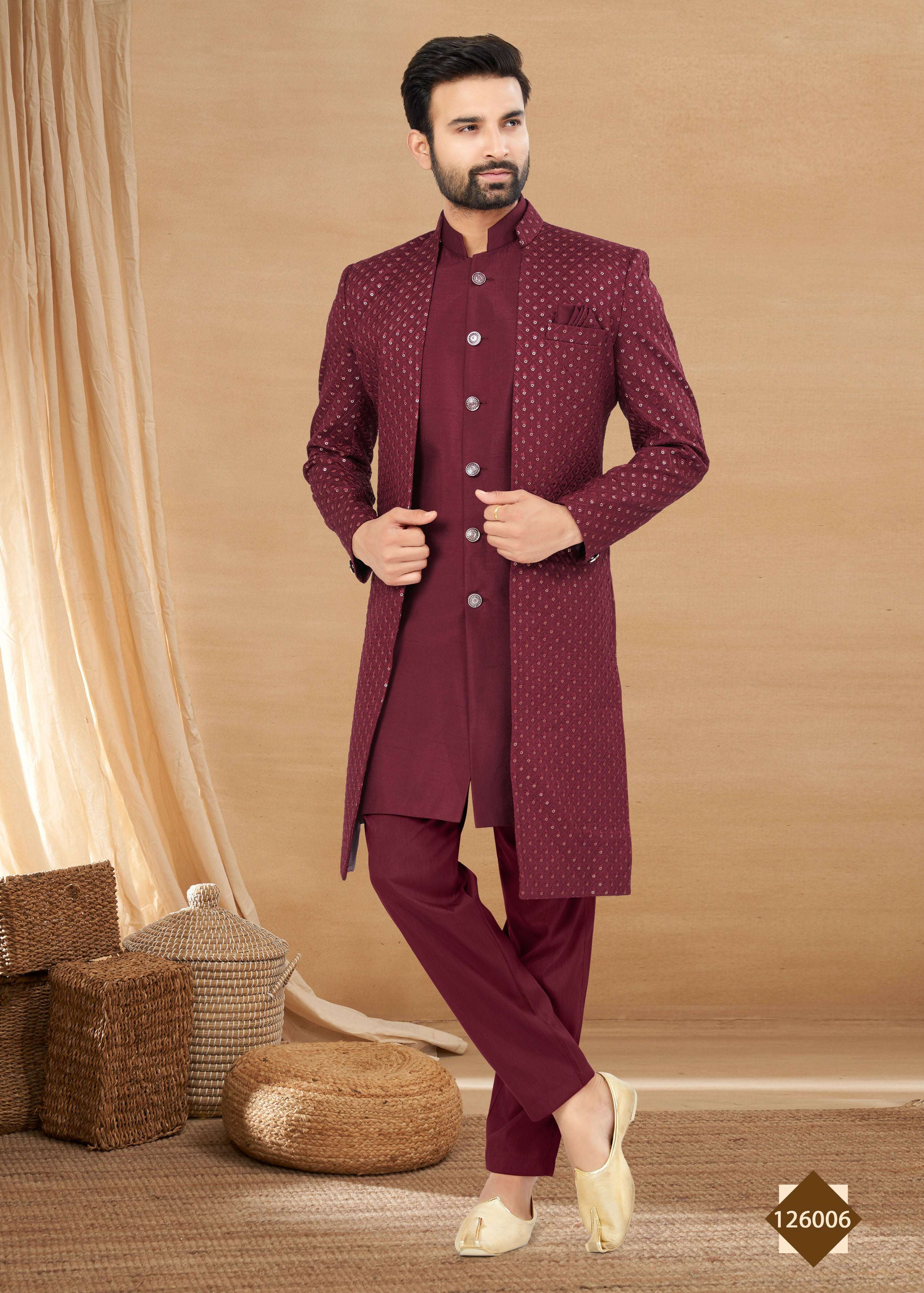 Joban Fashion Men's Maroon Heavy Art Silk Plain Indowestern | Grocsy
