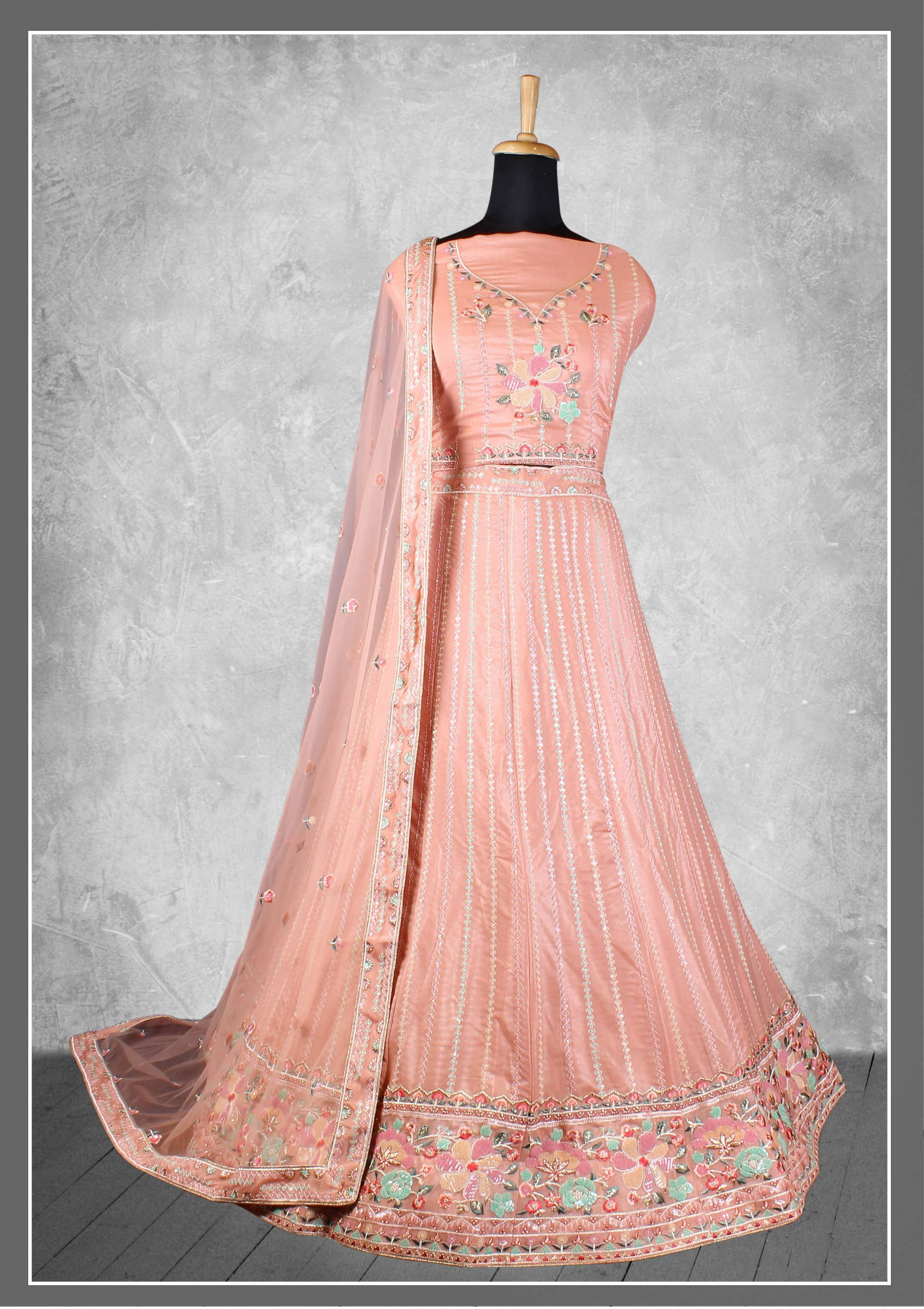 Peach Georgette Embroidery & Sequence Work Semi-Stitched Lehenga Choli - Nimaya Kangan | Grocsy